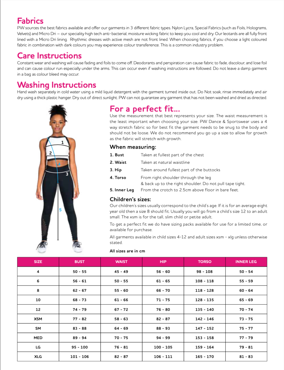 PW Sizing Guide Dream Catcher Dancewear