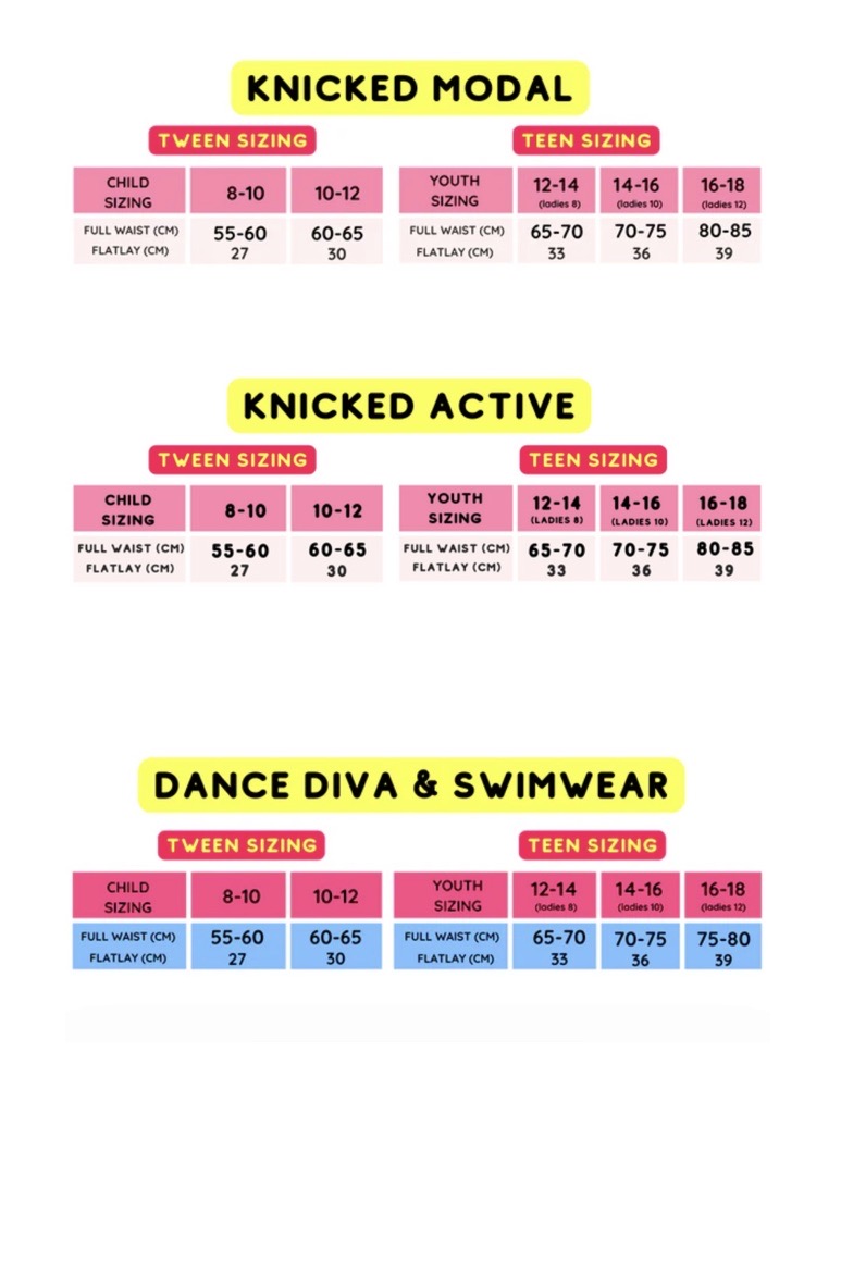 Knicked Size Guide Dream Catcher Dancewear